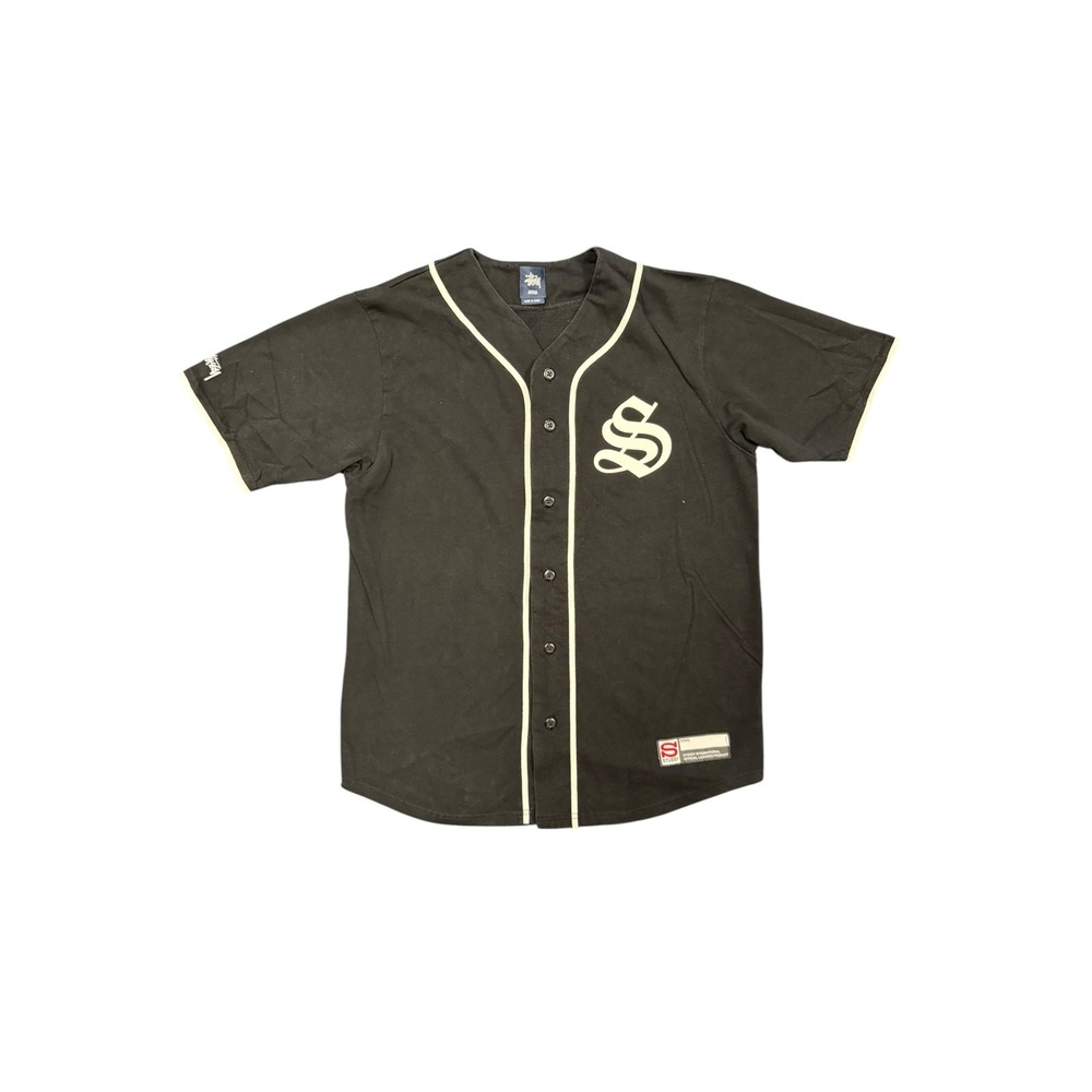 Stussy Baseball Jersey Mens Medium Black Excellent Old English Logo Button Up